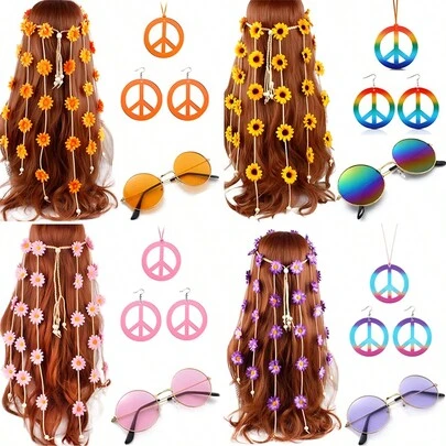 4pcs 60s 70s Hippie Costume Accessories Set, Including Sunflower Headband, Bohemian Rainbow Peace Sign Necklace And Earrings, For Women Hippie Party Decor