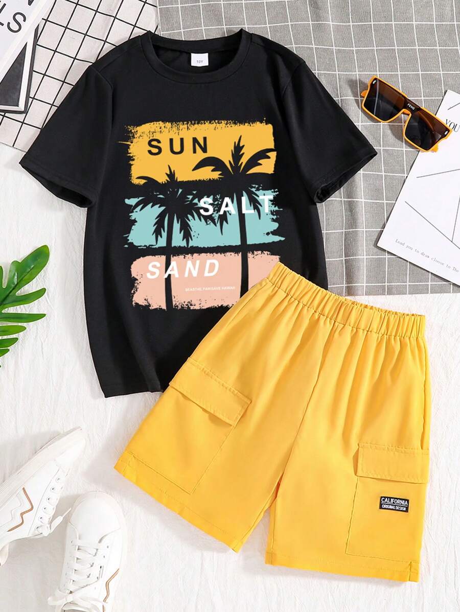 Bộ áo phông tay ngắn in họa tiết chữ Tween Boy và quần short - Màu vàng - Xem 1