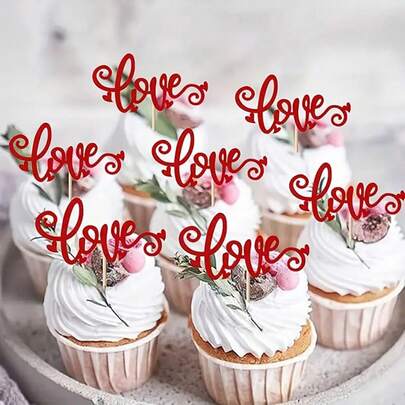 12pcs Shiny Valentine's Day Cake Decorations - Heart & Love Shaped, Suitable For Engagement, Birthday Party, Cake Decor, Holiday Gift, Valentine's Day Party Favor