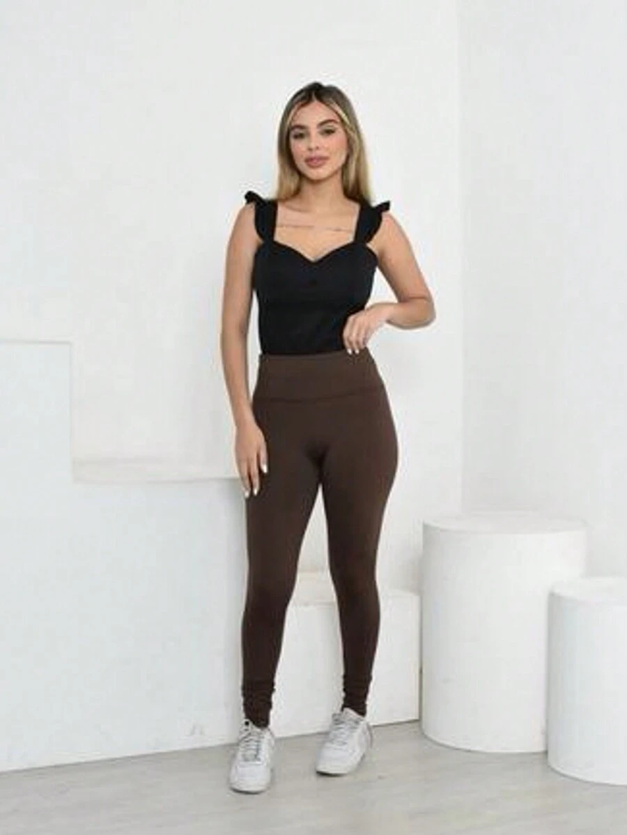 Thermal Flannel Leggings With High Waist And Elastic Waistband - 鏽棕色 - 查看 1