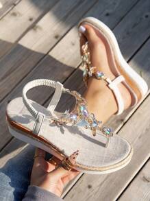 WRCVS Weiße Schuhe mit Kristalldekor-Kette, Quasten-Detail Keilabsatz Plateau Sandalen, Sommer Boho-Stil Urlaubs-Sandalen