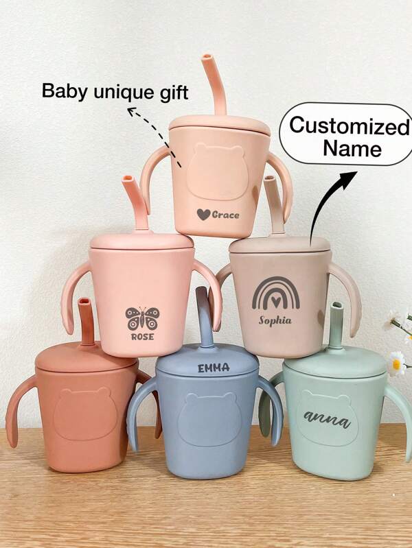1pc Custom Silicone Milk Cup With Straw, Dust Cover, Shockproof, Feeding Necessity, Personalized Gift For Babies & Toddlers, Unisex, All Season