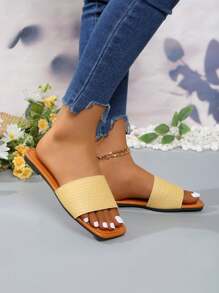 Damskie sandały z kwadratowym noskiem i szeroką teksturowaną cholewką, kontrastowy kolor, modne i uniwersalne, miękka podeszwa, oddychające, wsuwane, odpowiednie na co dzień, na plażę, na imprezę, na urodziny, na randkę