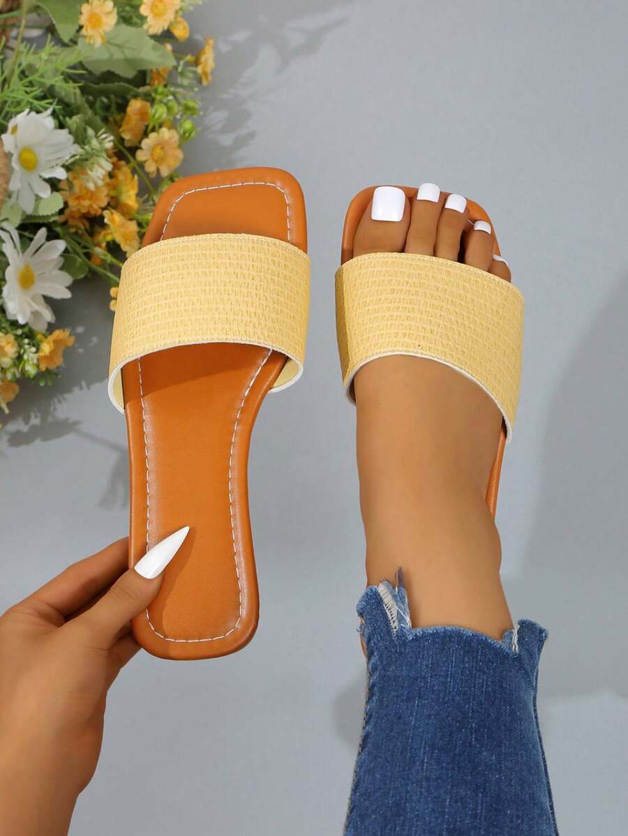 Damskie sandały z kwadratowym noskiem i szeroką teksturowaną cholewką, kontrastowy kolor, modne i uniwersalne, miękka podeszwa, oddychające, wsuwane, odpowiednie na co dzień, na plażę, na imprezę, na urodziny, na randkę