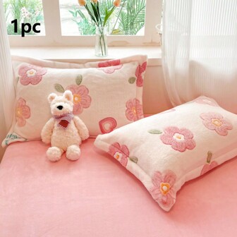 1pc Milk Velvet Taffeta Embroidered Pillowcase, Flower Pattern, Without Pillow Insert, Home Decor, Bedroom, Guest Room