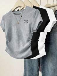 Set de 3 camisetas de manga corta y cuello redondo con detalle de volantes, estampado de mariposa y unicolor para mujer, de corte sencillo