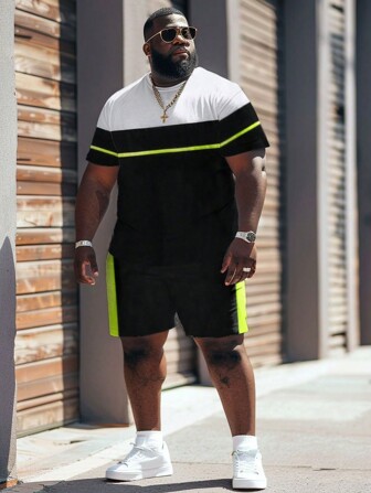 Män Plus Size Street Casual Colorblock randigt tryck T-shirt & shorts Set