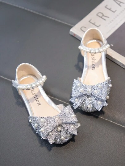1 Pair Infant Girls Silver Rhinestone Decor Flat Sandals, Princess Shoes For Spring & Autumn