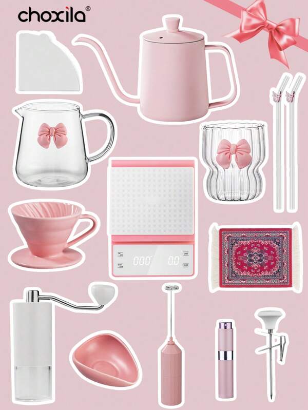 choxila Pink Bow Coffee Set, Two-Cup Pour Over Coffee Maker Set, Girls Mind-Blowing Drip Coffee Set, Valentine's Day Gifts, Festival Gifts For Family And Friends, Portable Travel Coffee Accessories Tools, Included 600ml Pink Coffee Kettle With Lid And Thermometer, 650ml(Size 02) Pink Bow Glass Coffee Pot And Ceramic Dripper
