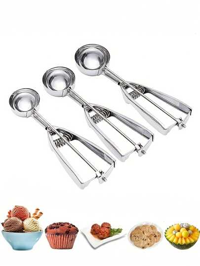 1pc/3pcs Stainless Steel Ice Cream Scoops, Cookie Dough Scoops, Baking Cookie Scoops, Ice Cream Scoops With Trigger Release, Suitable For Digging And Serving Ice Cream, Large/Medium/Small Cookie Scoops For Baking