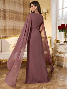 SUPGIR Đầm nữ cổ tròn tay áo choàng, eo nhún bèo, dáng ôm, viền đính sequin, xẻ tà cao, thích hợp dự tiệc, đám cưới, lễ phục, đầm dạ hội, đầm thanh lịch mùa xuân. - Bụi hồng - Xem 2