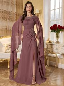 SUPGIR Đầm nữ cổ tròn tay áo choàng, eo nhún bèo, dáng ôm, viền đính sequin, xẻ tà cao, thích hợp dự tiệc, đám cưới, lễ phục, đầm dạ hội, đầm thanh lịch mùa xuân. - Bụi hồng - Xem 5