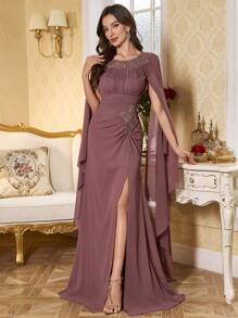 SUPGIR Đầm nữ cổ tròn tay áo choàng, eo nhún bèo, dáng ôm, viền đính sequin, xẻ tà cao, thích hợp dự tiệc, đám cưới, lễ phục, đầm dạ hội, đầm thanh lịch mùa xuân. - Bụi hồng - Xem 3