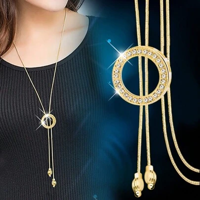 1pc Fashionable Rhinestone Geometric Round Long Sweater Chain Necklace