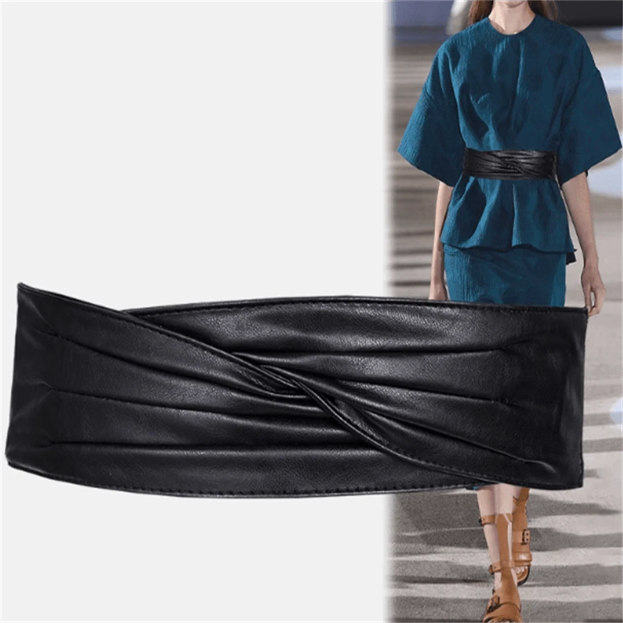 PU Leather Wide Belt, Fashion Accessory For Dresses, Sweaters, Coats, Versatile Black Color, Casual, Bohemian, Retro, Party, Cute, Sexy, Elegant, Suitable For All Seasons