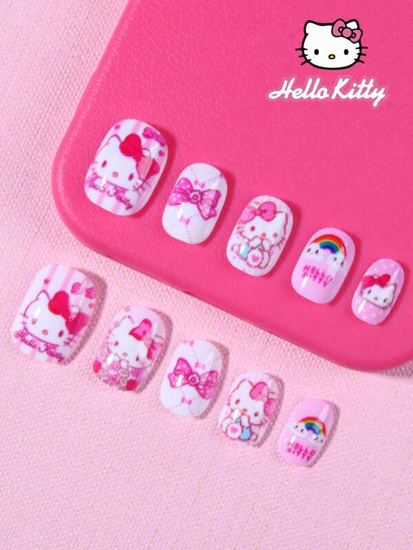 Sanrio Sanrio Hello Kitty 24Pcs Short Square French Tip Nails Cute 3D Hello Kitty Press-On Nails Fit Perfectly Acrylic Fake Nails Set, Hello Kitty Nail ,Nail Art For Girl And Child Daily Wear And Family Gathering Use,Pink Girl Style Nail Supplies Nails