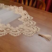 1 Pc Elegant Net Fabric With Embroidered Lace Table Runner, Round Doilies, Size: 40cm*150cm, 40cm*180cm, 40cm*220cm, 30cm Round, 40cm Round, 50cm Round, 60cm Round, 100% Polyester, Traditional Style For Parties, Celebrations And Daily Life.