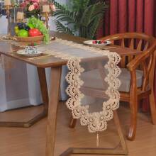 1 Pc Elegant Net Fabric With Embroidered Lace Table Runner, Round Doilies, Size: 40cm*150cm, 40cm*180cm, 40cm*220cm, 30cm Round, 40cm Round, 50cm Round, 60cm Round, 100% Polyester, Traditional Style For Parties, Celebrations And Daily Life.
