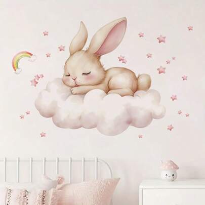 BRUP 1/3pcs PVC Watercolor Cute Sleeping Rabbit Star Butterfly Pattern Cute Animal Wall Stickers Removable For Bedroom Living Room Pink Room Gifts Home Decor Wall Decal Easter Birthday Graduation Personalised Stickers