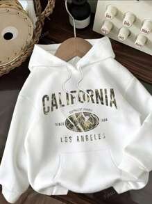 Capucha térmica con estampado de letra california con bolsillo de canguro con cordón