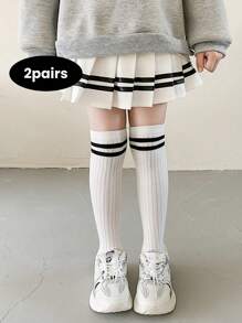 2 Pairs Kids Socks With Stripe Pattern, Seamless Long Tube Design, Suitable For 3-12 Years Old Boys & Girls, Great For Daily Wear And School Use