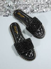 Fashionable Luxury Women Flat Sandals With Pearl And Rhinestone Decor, Round Toe Design, Comfortable Black Footwear, Suitable For Outfit