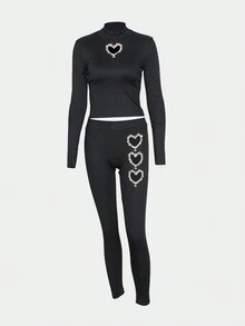 2pcs/Set Women's Solid Color Streetwear Fitted Crew Neck Long Sleeve Heart Rhinestone Hollow Out Fitted Pants Set - Black - View 3
