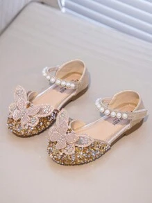 1 双银色女童宝宝平底鞋，春秋水晶装饰封闭式鞋头公主鞋 - 金色 - 查看 3