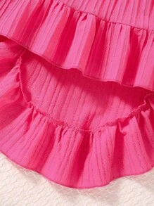 2pcs/Set Young Girl Ruffle Puff Sleeve Top + High Waist Ruffle Hem Skirt, Vacation Style, Sweet & Flattering, Suitable For 4-7 Years Old Girls, Spring/Summer - Hot Pink - View 7