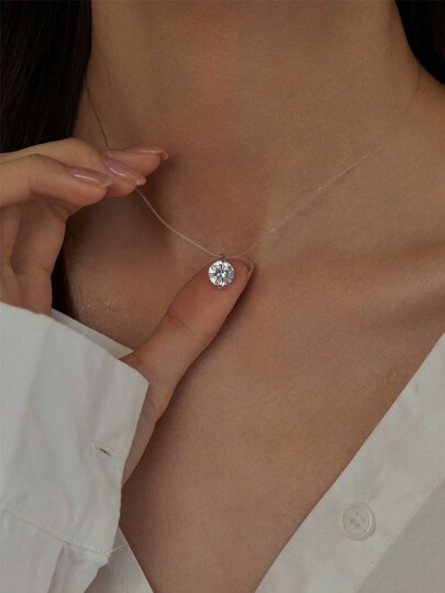 1pc Minimalist Elegant Sparkling Cubic Zirconia Pendant Necklace, Invisible Fishing Line Chain, Versatile Daily Wear Necklace