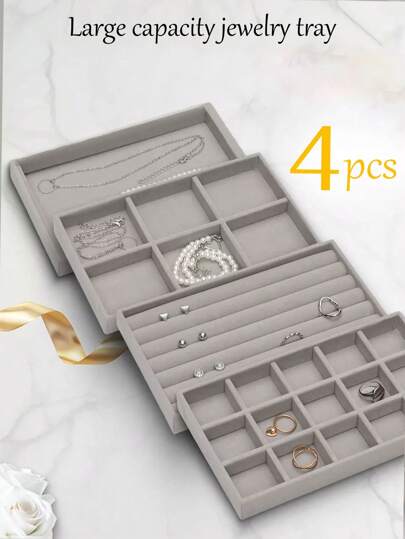 4-1 件天鹅绒首饰托盘、多功能收纳盘、首饰盒、抽屉式首饰盒、展示托盘、带翻盖的收纳盒、易于分类和节省空间、可拆卸隔板、适用于梳妆台、抽屉、浴室、卧室、客厅、旅行、书桌、架子、适用于室内、家居、派对、舞会、办公室、母亲节礼物、送给朋友、女朋友、家人、老师、同事的礼物、万圣节礼物、圣诞节返校礼物