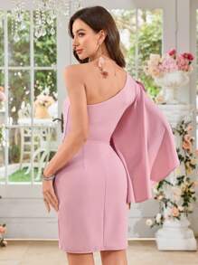 UNITHORSE Women's Asymmetric Sleeve Bodycon Mini Dress, Minimalist Elegant Party Cocktail Dress, Wedding Guest Dress - Pink - View 2