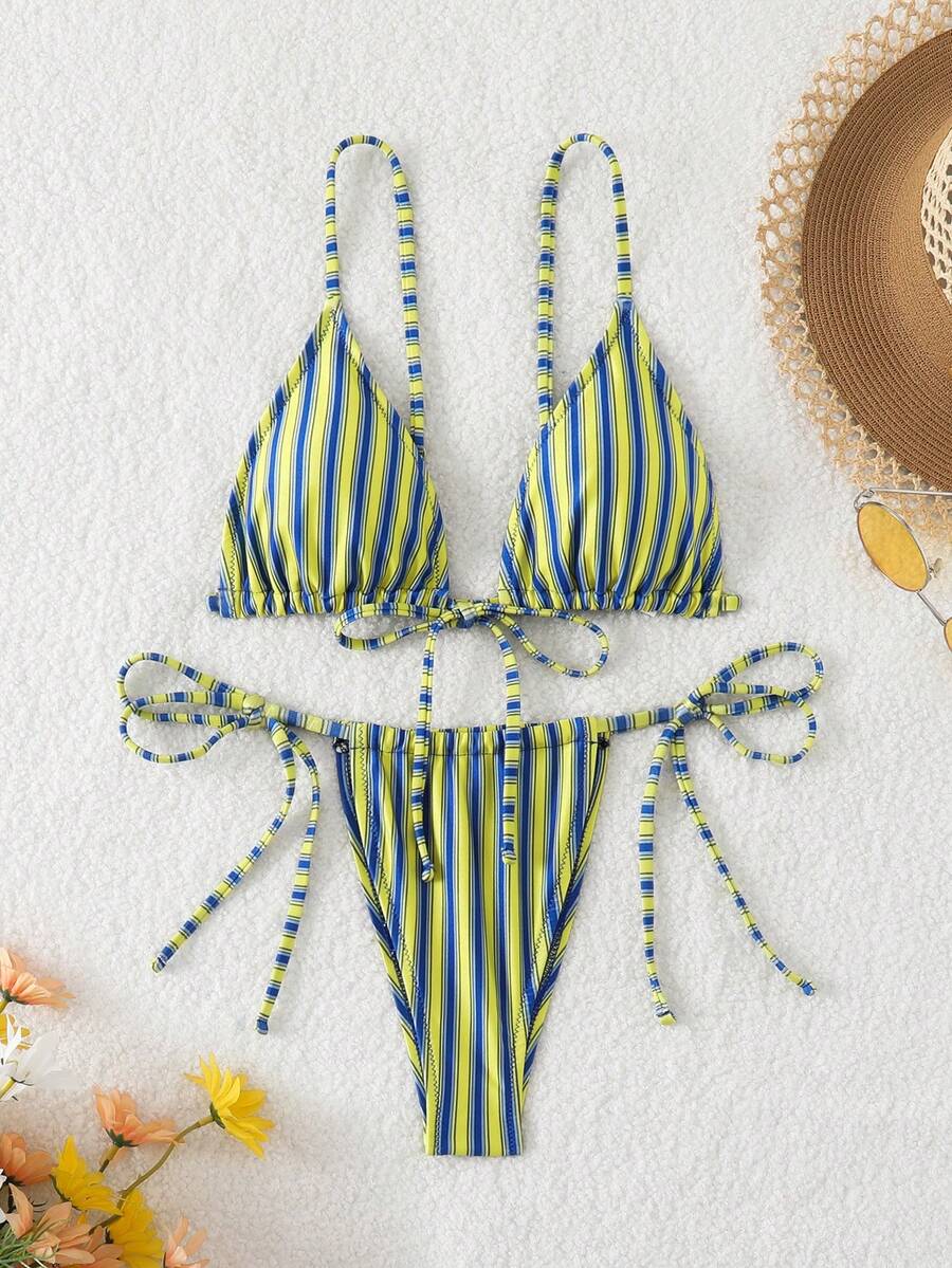 Sexy Tie-String Triangle Bikini Swimwear Set, For Summer Beach Vacation - Multicolor - View 1