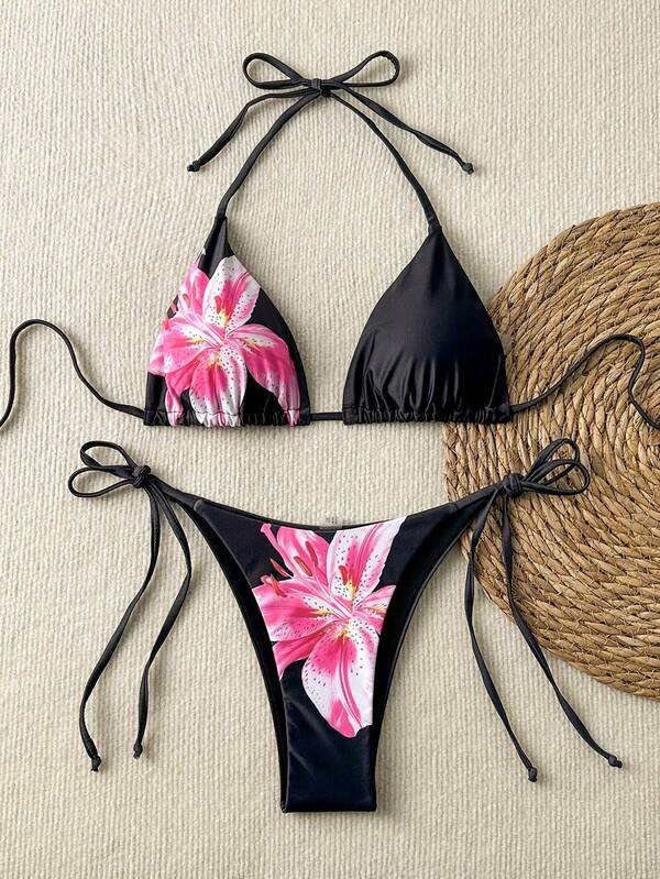 Damen Bikini Set mit Blumenmuster, Neckholder Triangel-Top und seitlich gebundene Triangel-Hose, Sommer