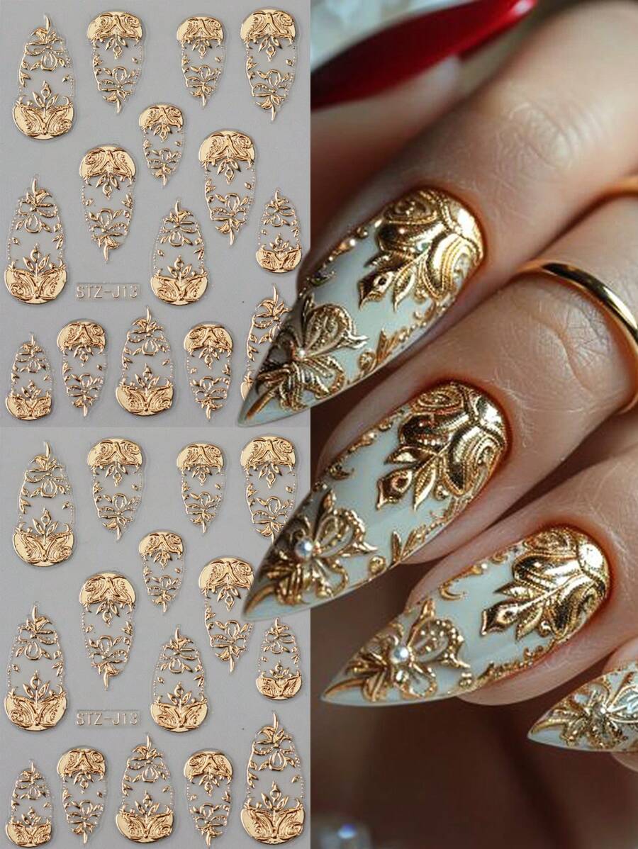 FULL BEAUTY 2 件金色铝箔美甲贴纸套装 - 自粘金属贴花，带心形花朵等，适合 DIY 美甲