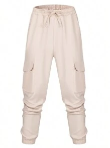 Cream Jogger Pants, Cargo Pants - Men's Breathable Slim Fit Drawstring Long Shorts, Ideal For Hiking, Jogging, Cycling, Outdoor Fitness, And Exercise - Solid Color, Multiple Pockets