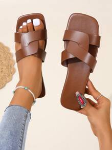 2024 New Fashion Women Summer Leather Square Toe Flat Plus Size Sexy Slides