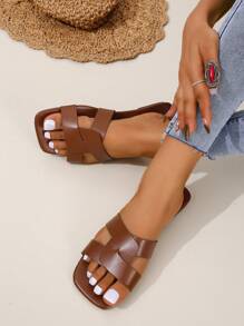 2024 New Fashion Women Summer Leather Square Toe Flat Plus Size Sexy Slides