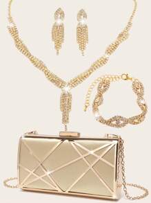 4 件套女士水晶首饰钻石首饰套装婚礼闪亮晚宴手提包闪亮项链手链新娘和伴娘吊坠耳环女士晚宴手提包优雅高端手提包精致缎面金属镂空手提包婚礼舞会派对手提包