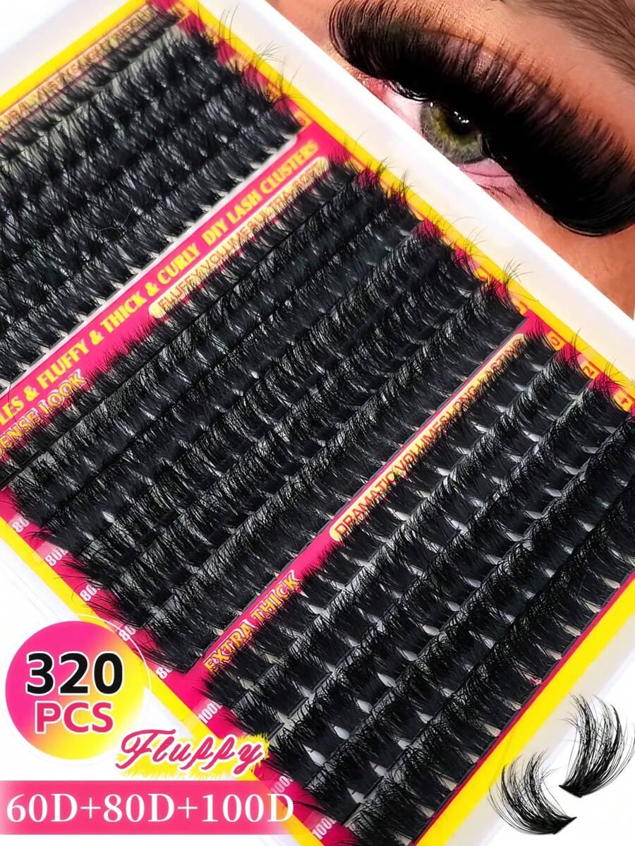 320片蓬松D型卷翘簇状假睫毛，混合60D+80D+100D卷翘度，长度10-18毫米，可DIY打造浓密纤长妆效，自然逼真，超级柔软可重复使用，适合新手，日常、派对、音乐节、新年礼物等场合。