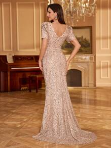 UNITHORSE Elegant Princess Sleeve Solid Color Sequin Draped Waist Maxi Evening Party Dress, Wedding Guest Dress, Formal Dress,Gown, School Clothes - Champagne - View 2