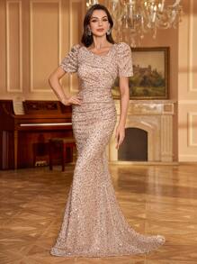 UNITHORSE Elegant Princess Sleeve Solid Color Sequin Draped Waist Maxi Evening Party Dress, Wedding Guest Dress, Formal Dress,Gown, School Clothes - Champagne - View 4