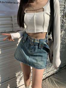 女士休闲牛仔短裙 - 淺色水洗藍 - 查看 4