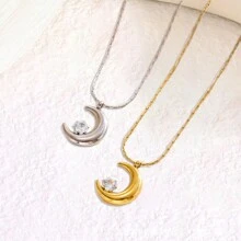 New Small Square Necklace In 18K Stainless Steel With Small Prongs And Crescent-Shaped Diamonds. High-Quality Necklace. - Bạc - Xem 4