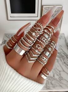 Set de 30 anillos apilables geométricos para mujer, con circonita cúbica incrustada, accesorio elegante adecuado para uso diario, citas y fiestas - Estilo 1 - Ver 3