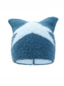 1pc Men's New Cute Street-Style Pentagram Embroidery Fluffy Cat Ear Knitted Beanie Hat, Warm Ear Protection, Autumn