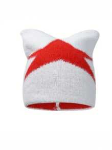 1pc Men's New Cute Street-Style Pentagram Embroidery Fluffy Cat Ear Knitted Beanie Hat, Warm Ear Protection, Autumn