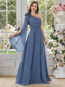 UNITHORSE Women's Asymmetric Shoulder Sleeveless Dress With Handmade 3D Floral Decor, Waist Cinched High Slit Flowy Dress, Elegant Evening Bridesmaid Gown, Party Dress, Wedding Guest Dress, Formal Dress - Blue - View 3