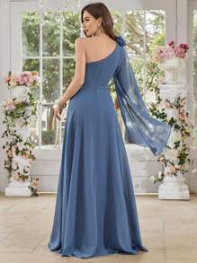 UNITHORSE Women's Asymmetric Shoulder Sleeveless Dress With Handmade 3D Floral Decor, Waist Cinched High Slit Flowy Dress, Elegant Evening Bridesmaid Gown, Party Dress, Wedding Guest Dress, Formal Dress - Blue - View 4