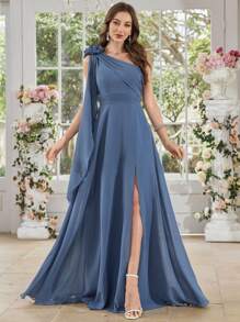 UNITHORSE Women's Asymmetric Shoulder Sleeveless Dress With Handmade 3D Floral Decor, Waist Cinched High Slit Flowy Dress, Elegant Evening Bridesmaid Gown, Party Dress, Wedding Guest Dress, Formal Dress - Blue - View 2